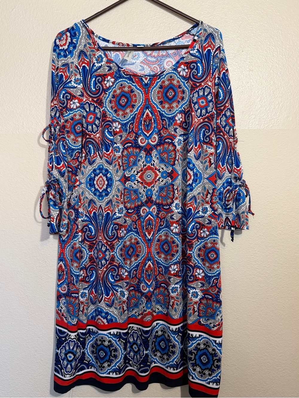 TACERA 1X Blue Red Paisley Floral Midi Dress Tie Sleeves Stretchy Comfortable!!